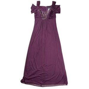 Alex Evenings Plum Beaded Cold Shoulder Chiffon Maxi Dress Sz 8 MOTB Formal READ